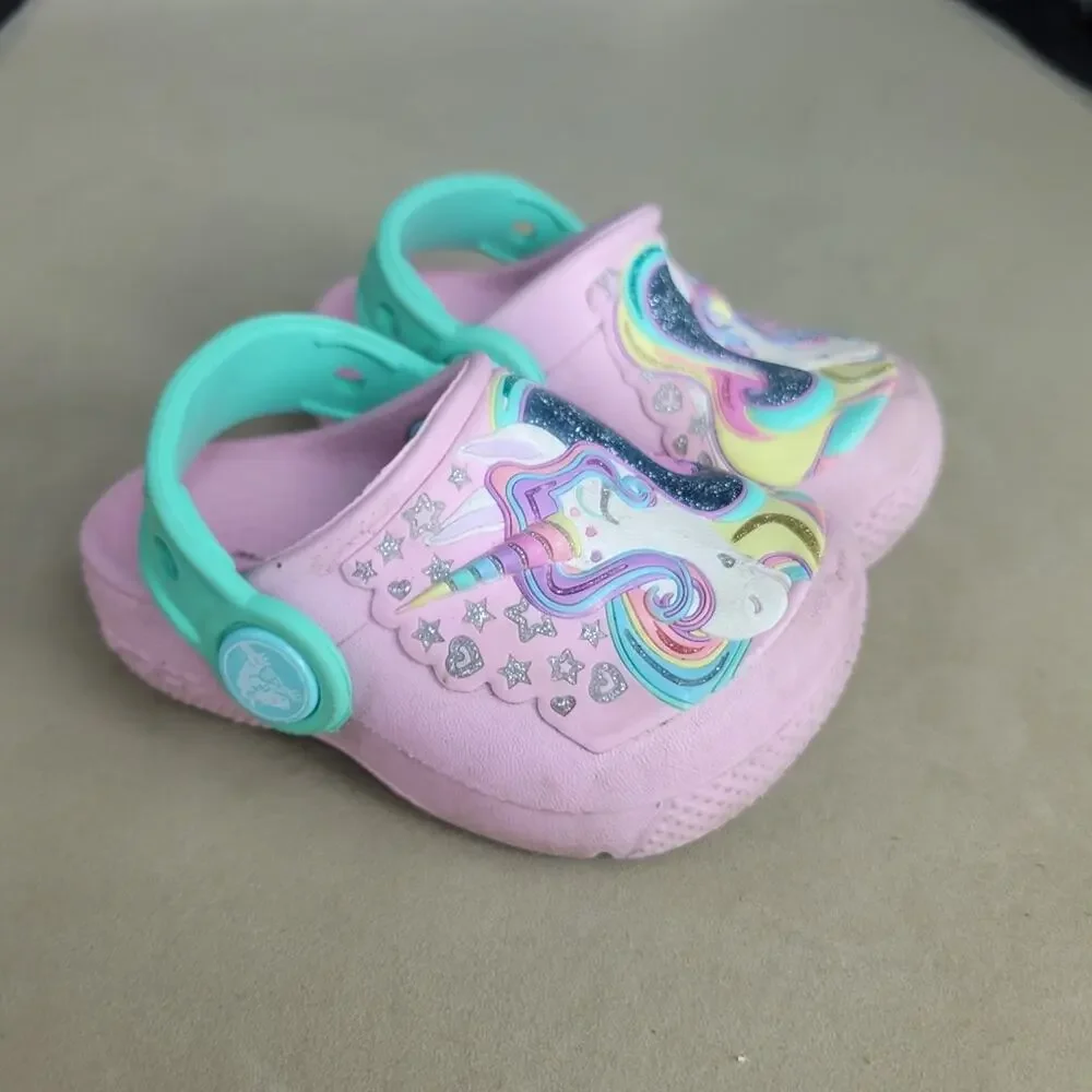 Fun Lab Unicorn Crocs Shoes Baby Girls Size‎ 4 Pink Clog Slip On Comfort Sandals